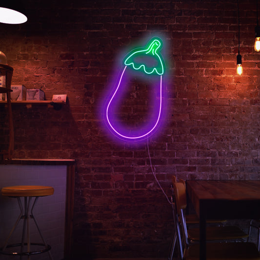"Aubergine Neon Sign" - A unique neon light featuring the representation of an aubergine, infusing culinary charm and vibrancy into your kitchen or dining decor.