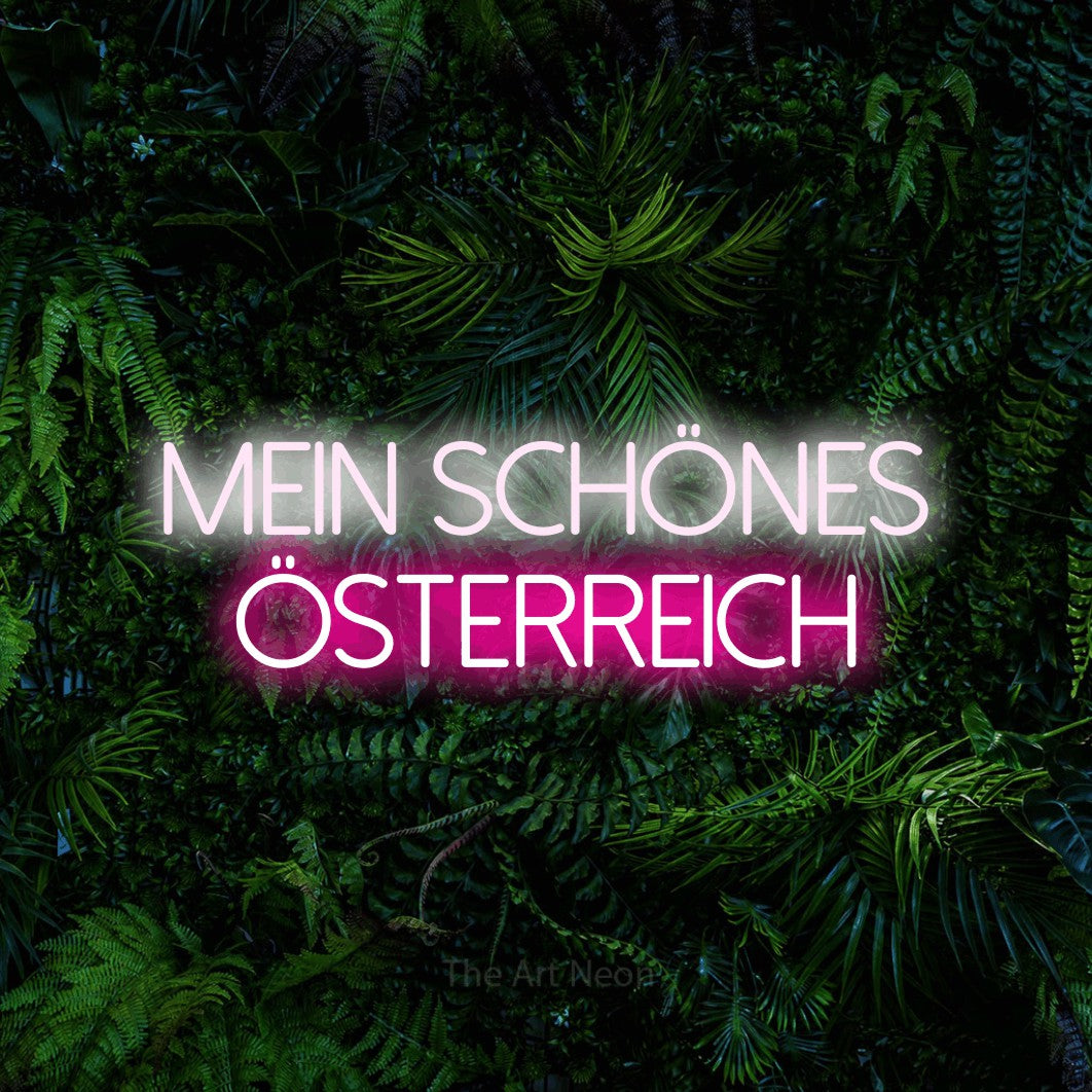 LED neon sign reading “Mein schönes Österreich”, arranged in 2 lines.