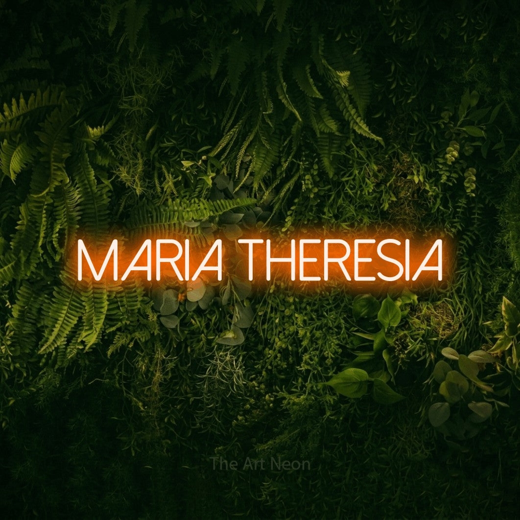 LED neon sign reading “Maria Theresia”, arranged in a single line.