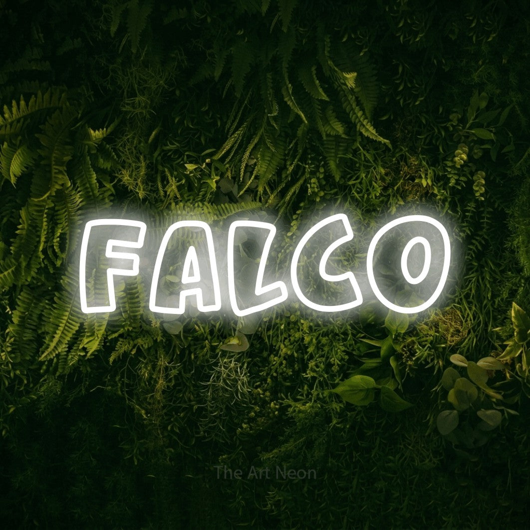 LED neon sign reading “falco”, arranged in a single line.
