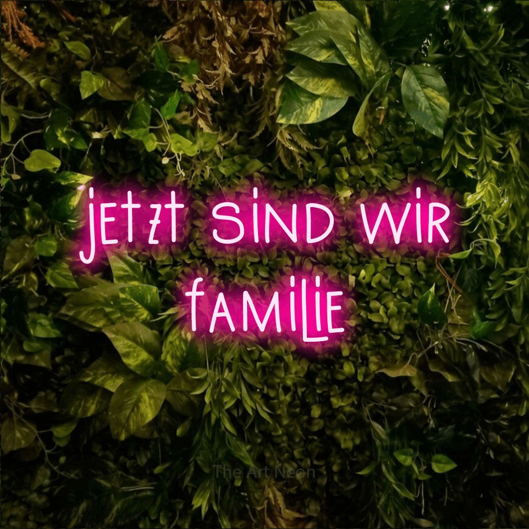 LED neon sign reading “jetzt sind wir familie”, arranged in 2 lines.