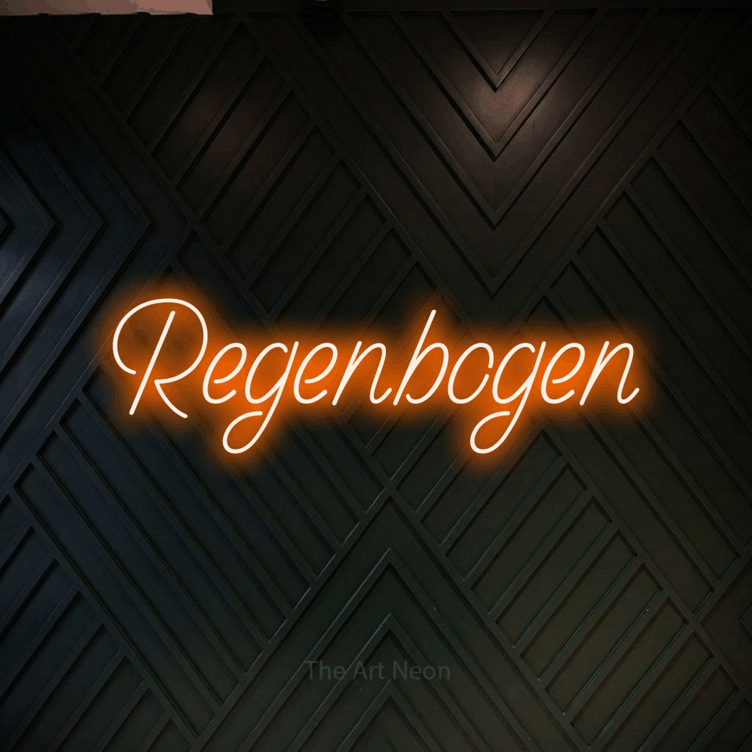 LED neon sign reading “Regenbogen”, arranged in a single line.