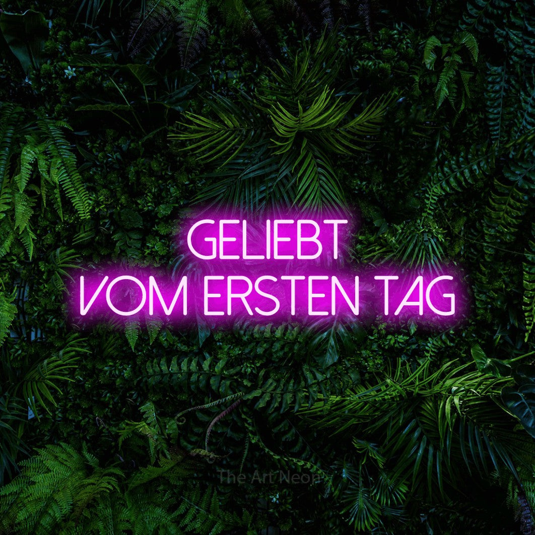 LED neon sign reading “GELIEBT VOM ERSTEN TAG”, arranged in 2 lines.