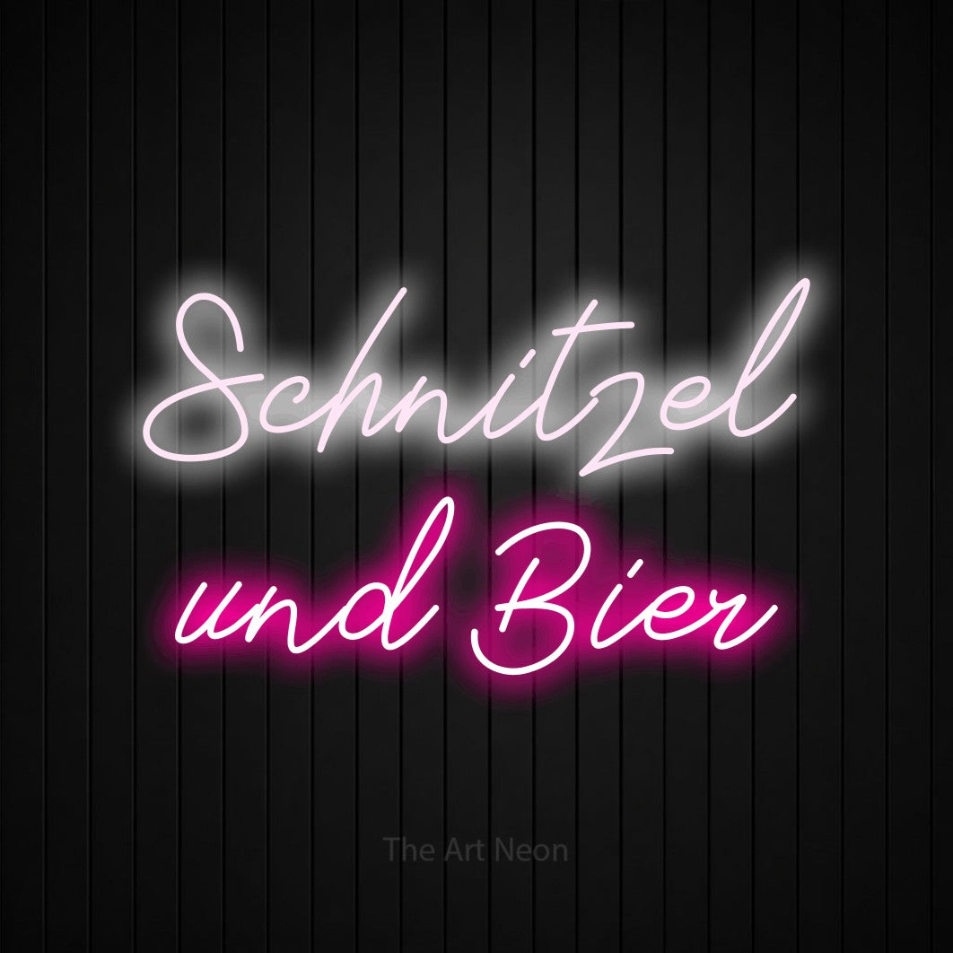 LED neon sign reading “Schnitzel und Bier”, arranged in 2 lines.
