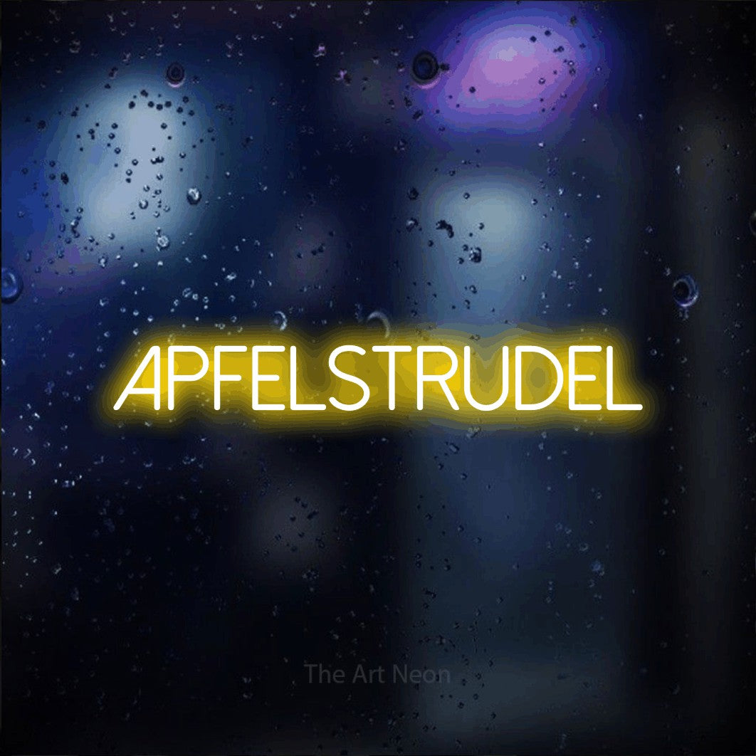 LED neon sign reading “Apfelstrudel”, arranged in a single line.