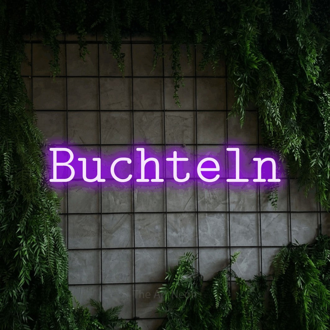 LED neon sign reading “Buchteln”, arranged in a single line.