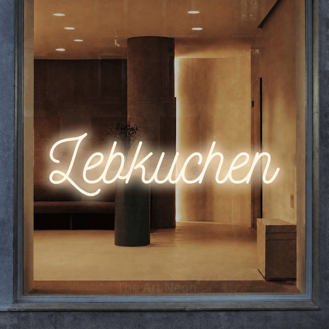 LED neon sign reading “Lebkuchen”, arranged in a single line.