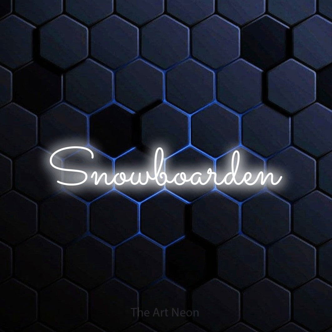 LED neon sign reading “Snowboarden”, arranged in a single line.
