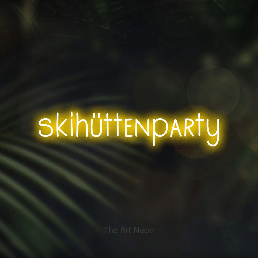 LED neon sign reading “skihüttenparty”, arranged in a single line.