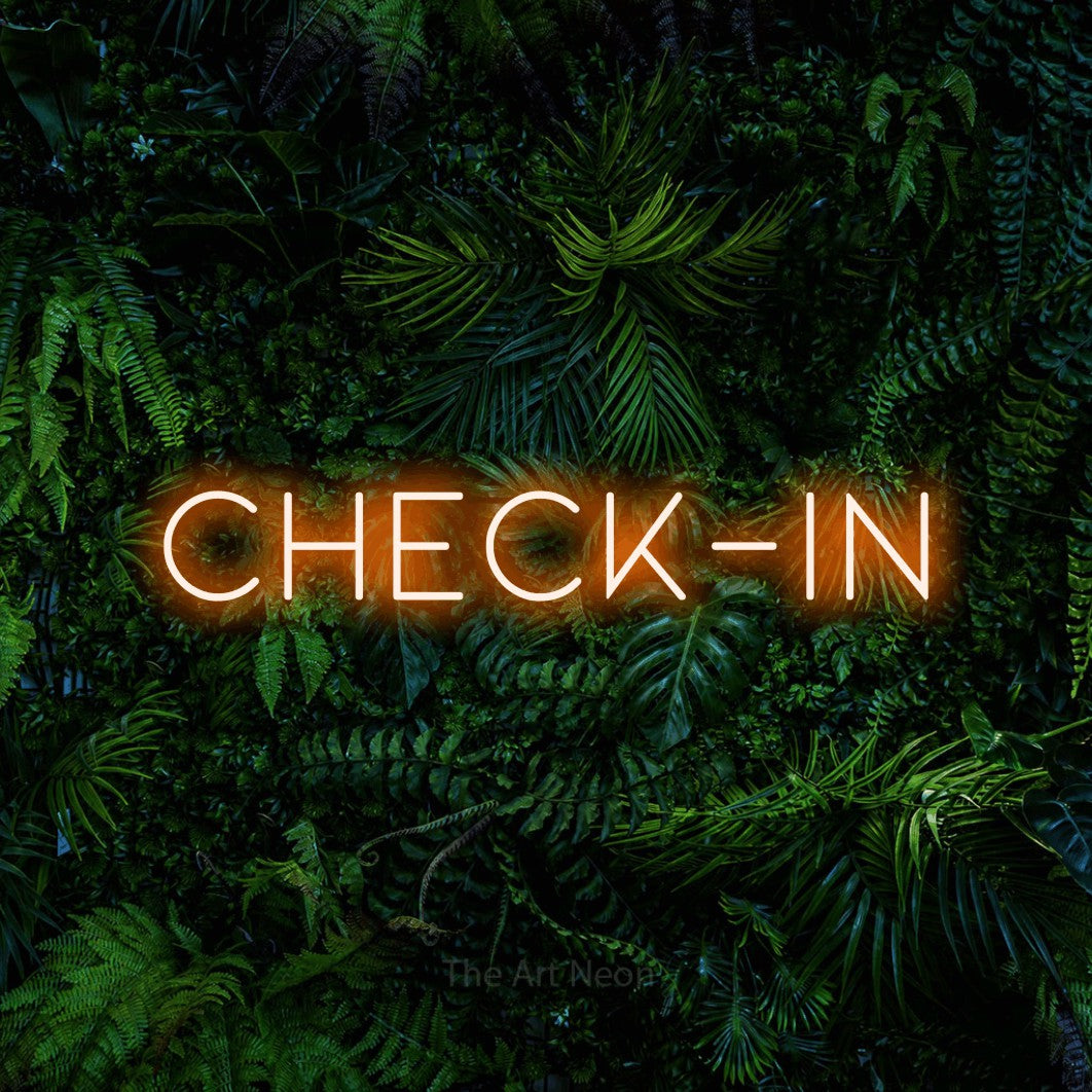 LED neon sign reading “CHECK-IN”, arranged in a single line.