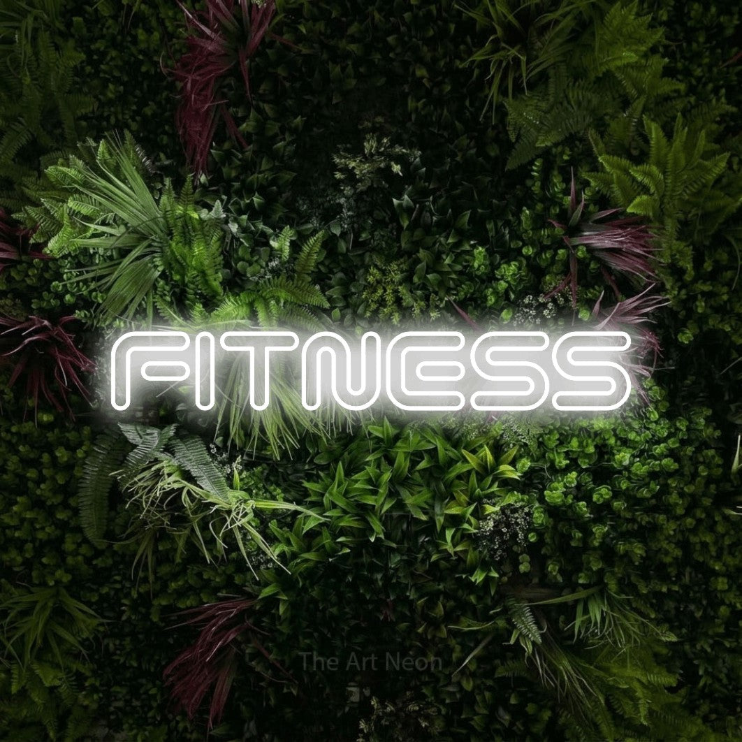 LED neon sign reading “FITNESS”, arranged in a single line.