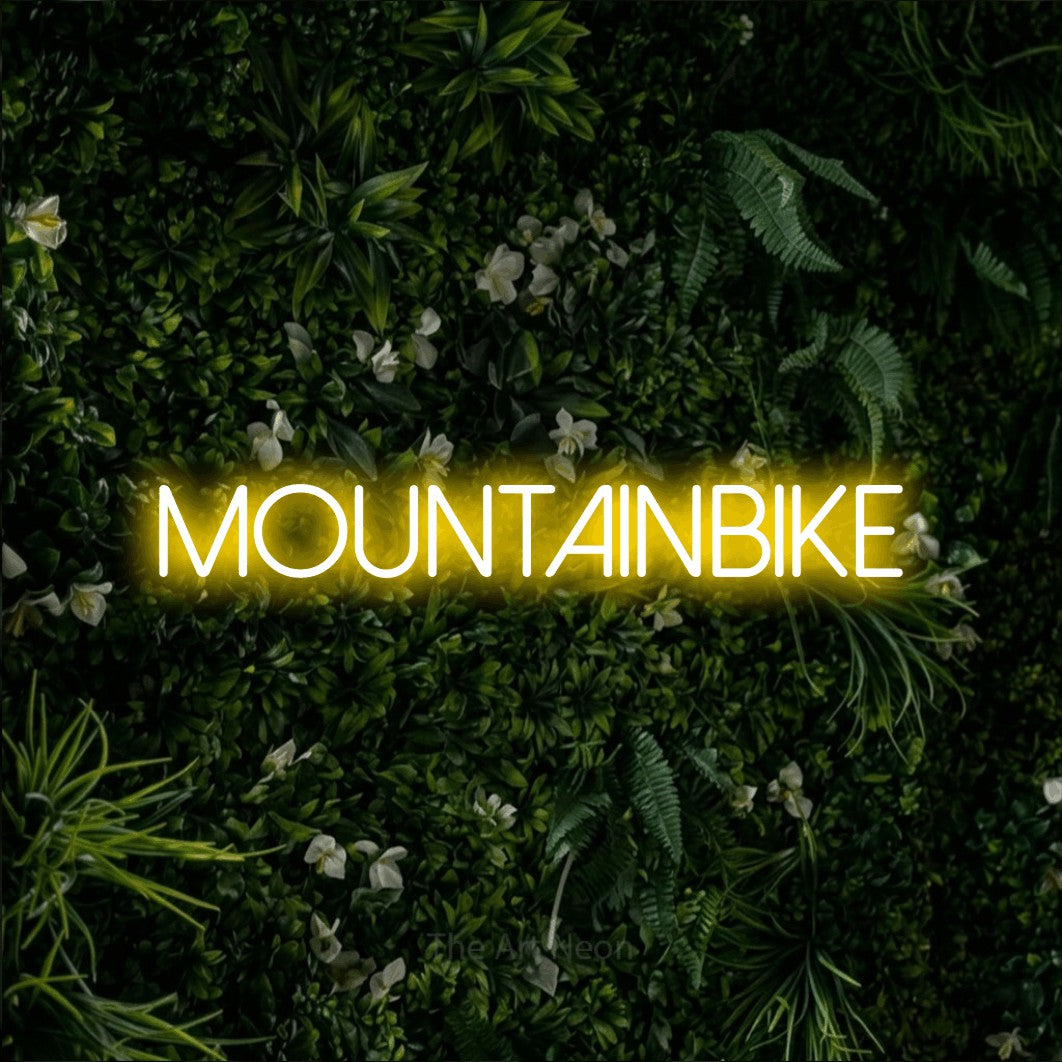 LED neon sign reading “MOUNTAINBIKE”, arranged in a single line.