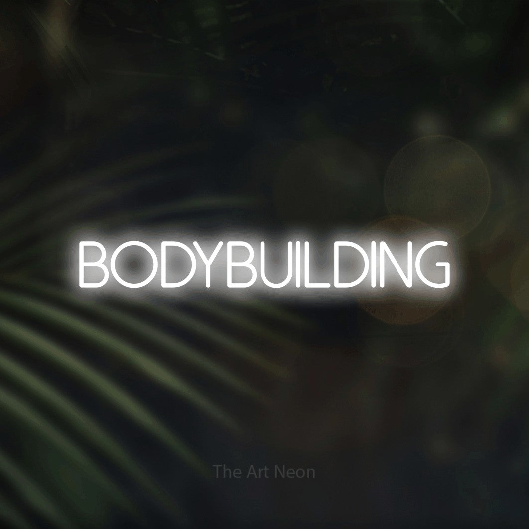 LED neon sign reading “bodybuilding”, arranged in a single line.