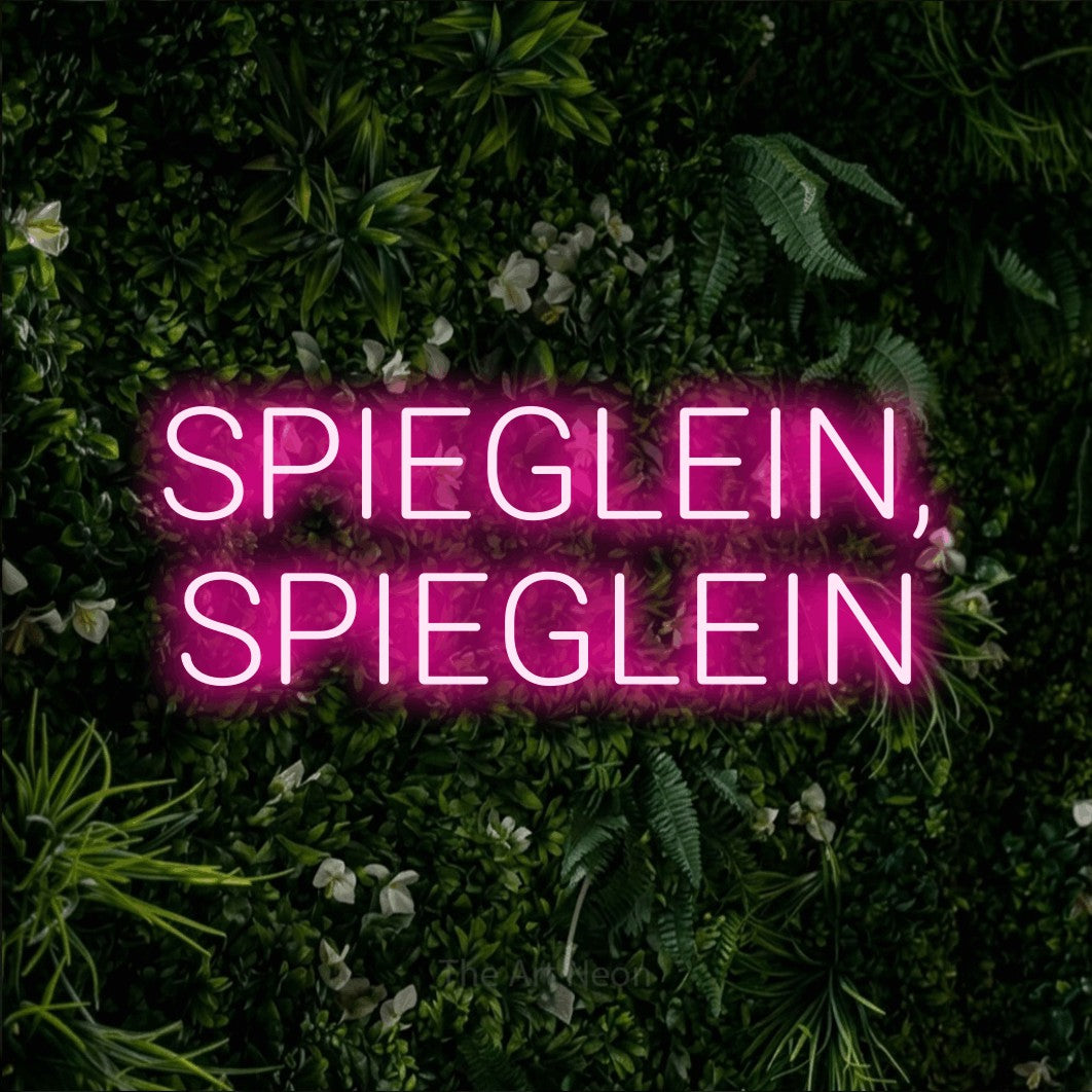 LED neon sign reading “SPIEGLEIN, SPIEGLEIN”, arranged in 2 lines.
