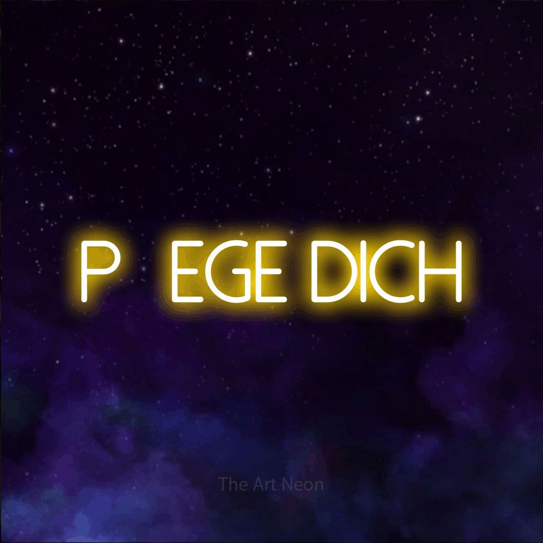 LED neon sign reading “Pflege dich”, arranged in a single line.