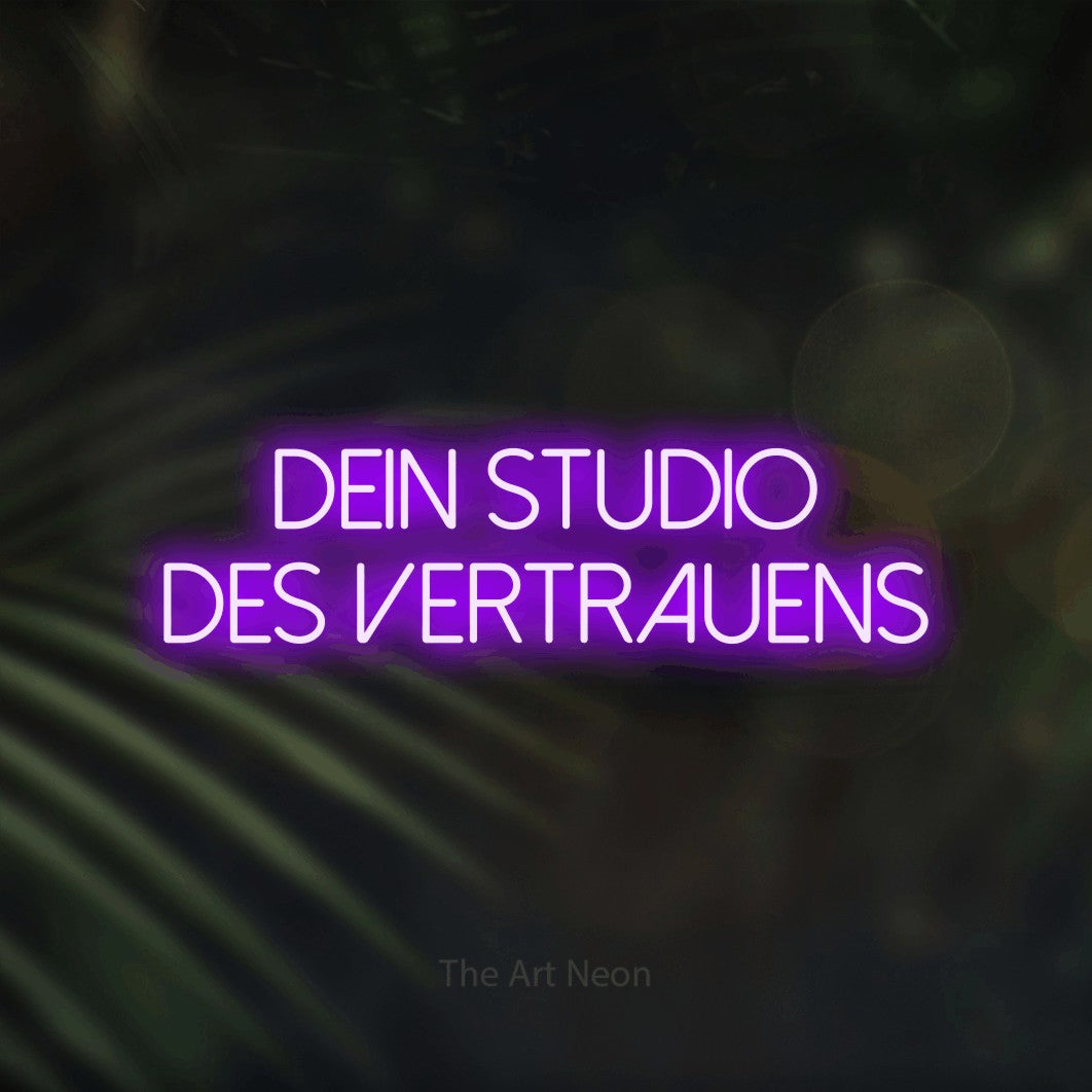 LED neon sign reading “DEIN STUDIO DES VERTRAUENS”, arranged in 2 lines.