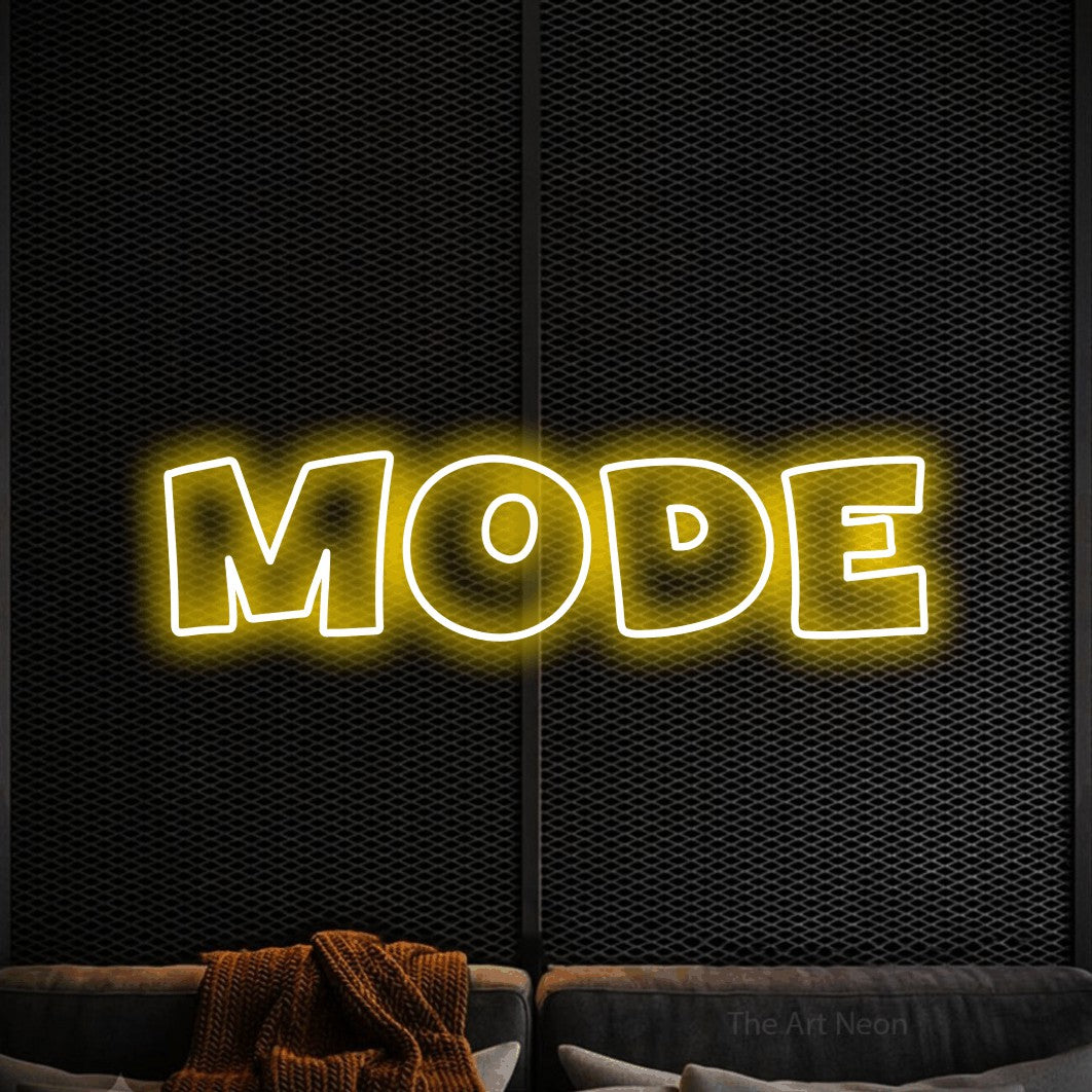 LED neon sign reading “mode”, arranged in a single line.