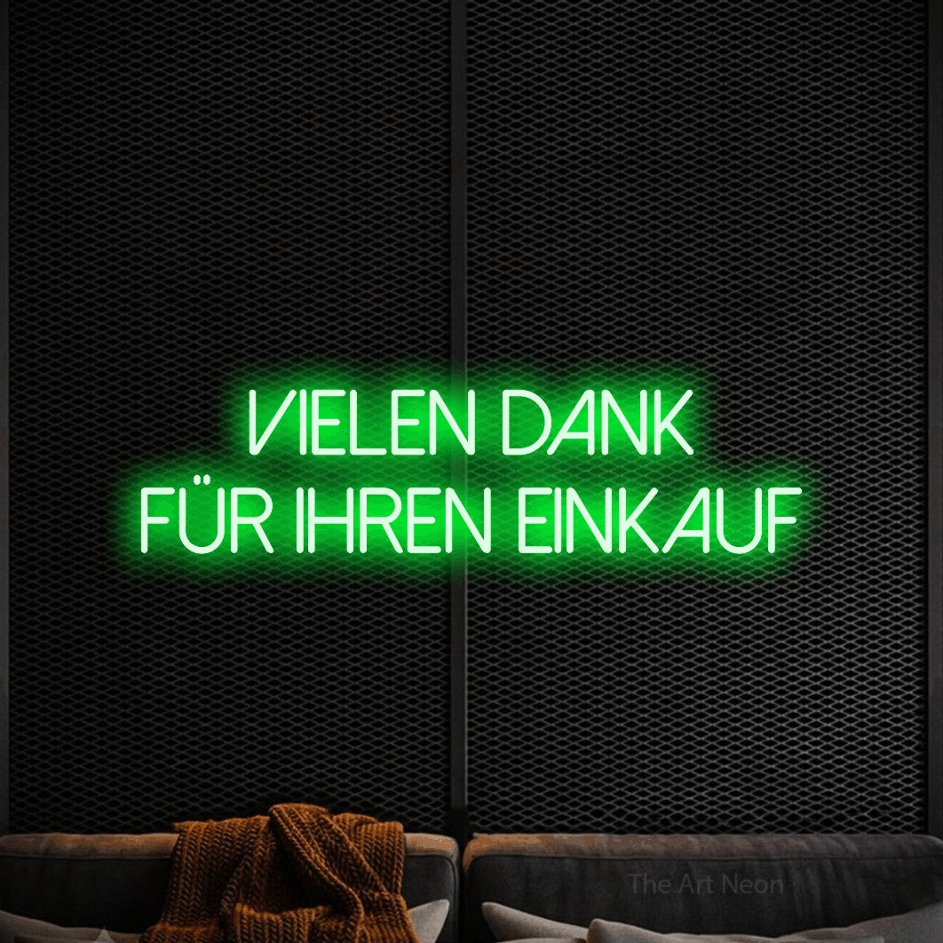 LED neon sign reading “vielen dank für ihren einkauf”, arranged in 2 lines.