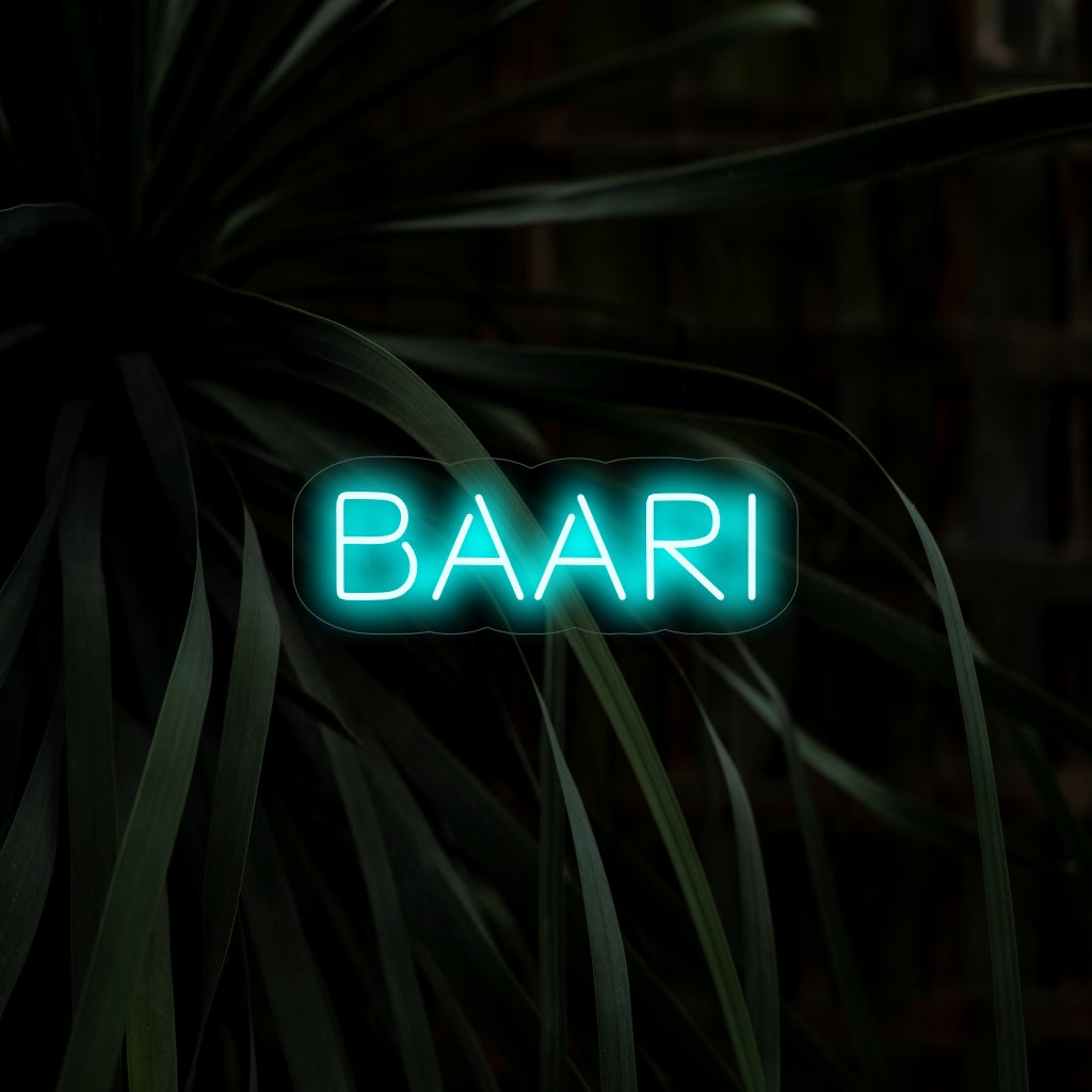 "Baari Neon Sign" - A lively neon light featuring the Finnish word "Baari," infusing energy and flair into your bar or pub.