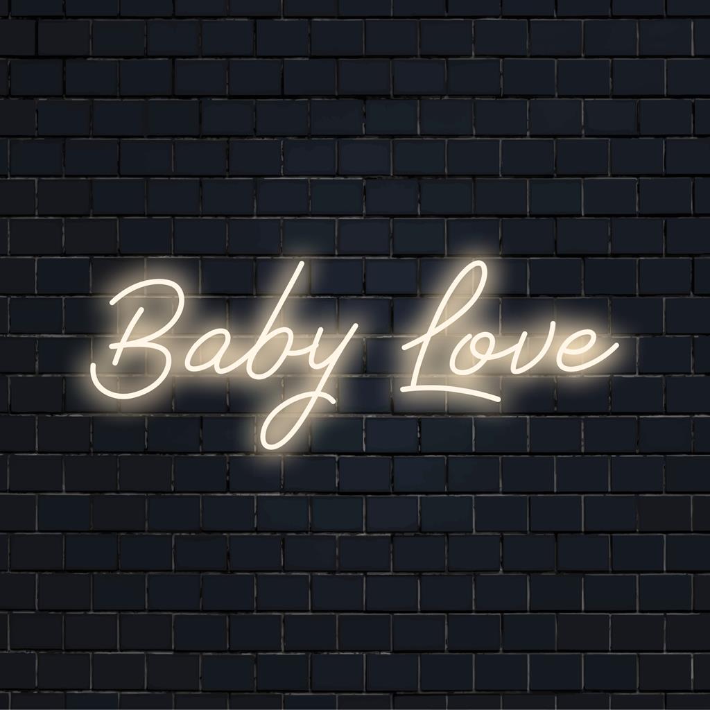 Bright LED neon sign with playful Baby Love text, perfect for a nursery or playroom, adding warmth and love with a gentle glow.