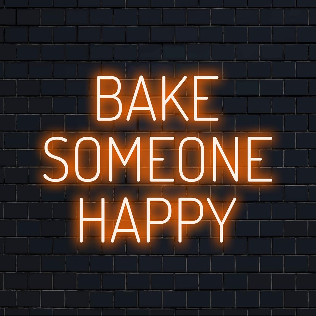 Custom Handmade LED neon sign saying Bake Someone Happy perfect for kitchen decor and uplifting ambiance.