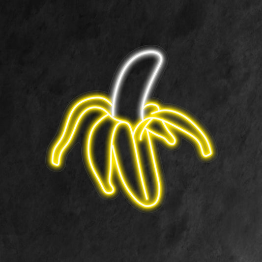 "Banana Neon Sign" - A playful neon light featuring the vibrant representation of a banana, infusing whimsy and a tropical vibe into your living space.