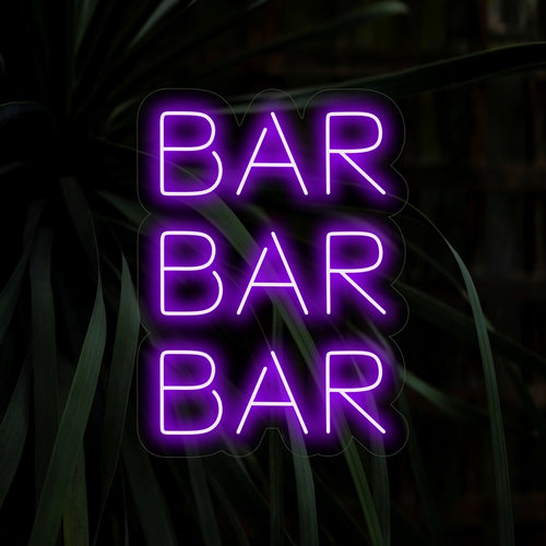 « Bar Bar Bar Neon Sign » - Une lumière néon vibrante avec un affichage audacieux et répétitif du mot « Bar », insufflant de l'excitation et du style à votre bar ou pub.