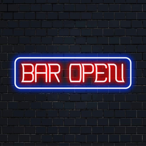 Insegna al neon a LED personalizzata con la scritta Bar Open in lettere luminose e vivaci, perfetta per l'arredamento del bar e per la luce al neon personalizzata.