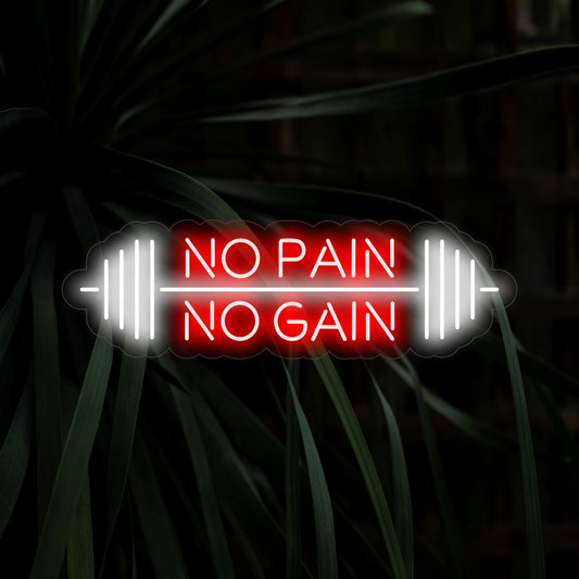 "Barbell and No Pain - No Gain Neon Sign" - A motivational neon light featuring a barbell and the empowering phrase "No Pain - No Gain," infusing motivation and determination into your workout space or gym.
