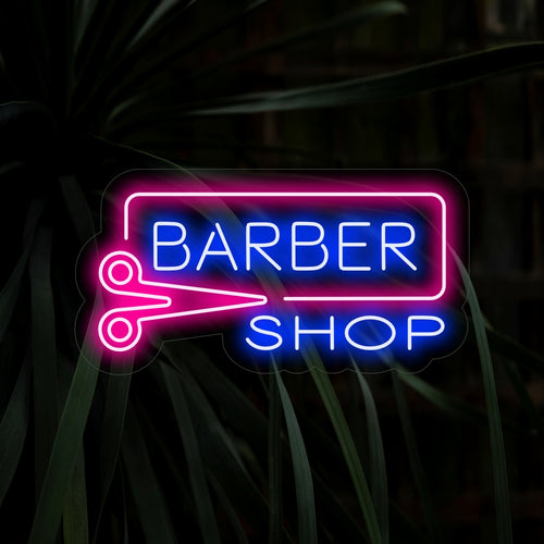„Neonowy szyld fryzjerski” – klasyczny neon z napisem „Barber Shop”, który stworzy ponadczasową i stylową atmosferę w Twoim zakładzie pielęgnacyjnym.