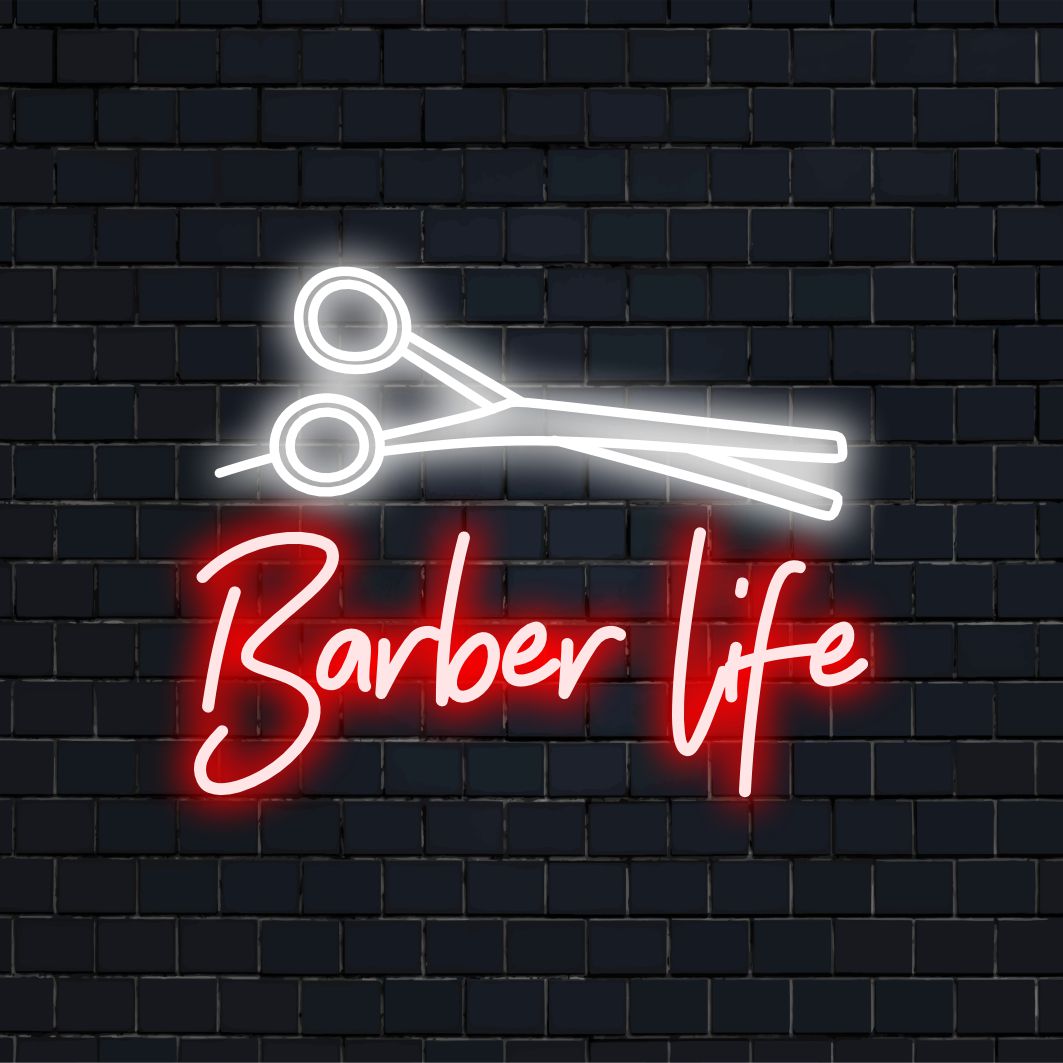 Prilagođeni LED neonski znak Barber Life oštrih linija i klasičnog dizajna, savršen neonski svjetlosni dekor za brijačnice.