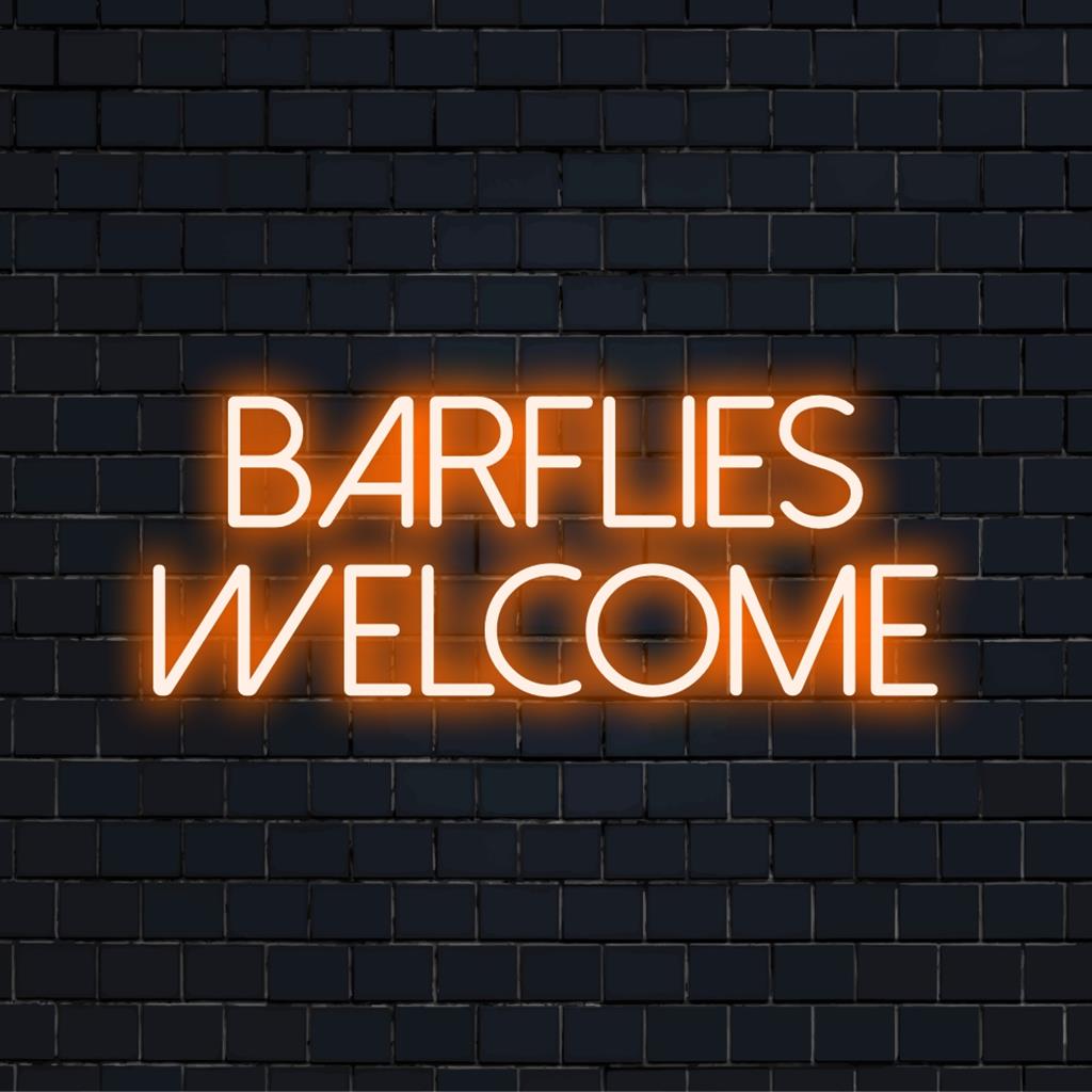 Custom LED neon sign reading Barflies Welcome; perfect neon wall art for lively bar decor. Personalized neon quote.