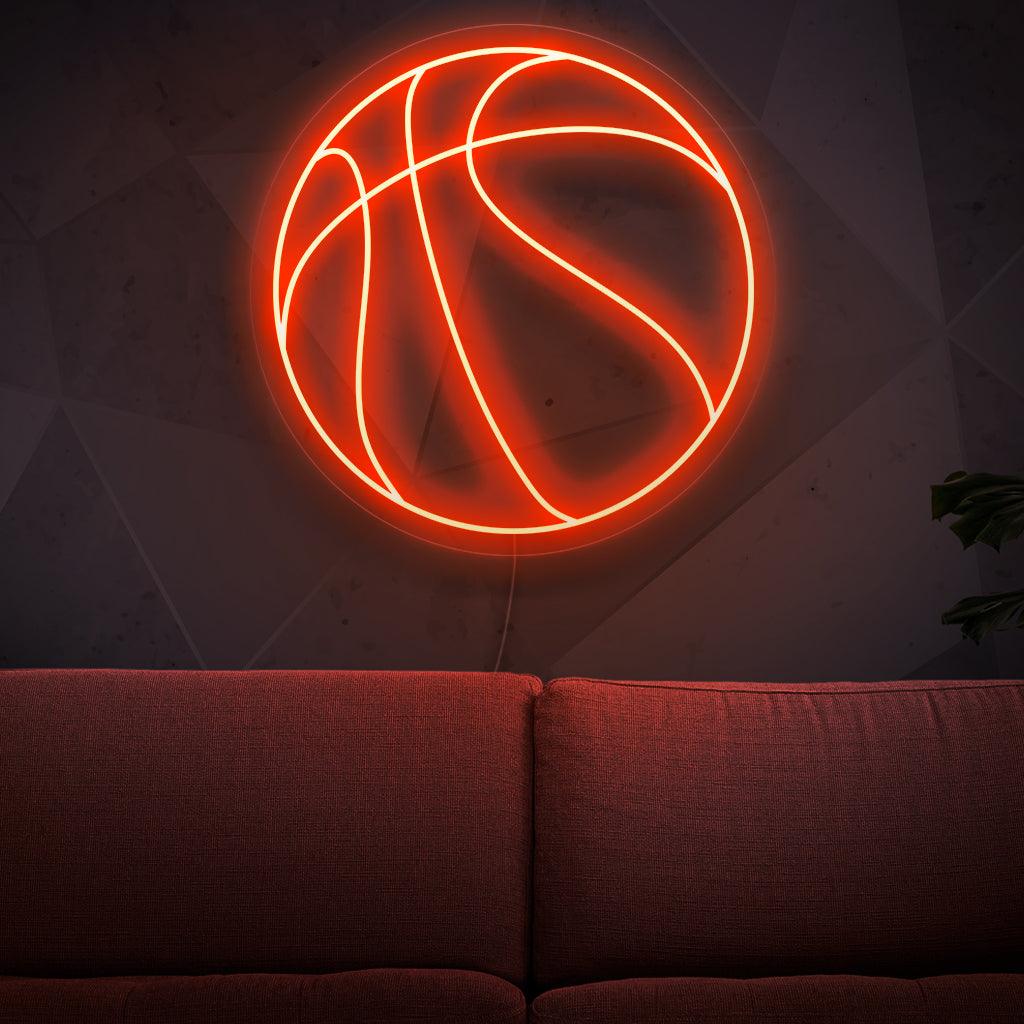 „Neonový nápis na basketbalový míč“ – Dynamické neonové světlo s ikonickou reprezentací basketbalu, které dodává vaší herně nebo výzdobě s basketbalovou tématikou sportovní a energickou atmosféru.