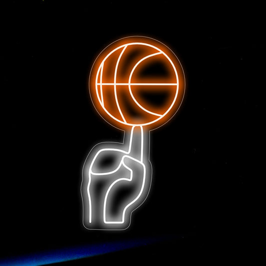 "Basketball Spinning on Finger Neon Sign" - A dynamic neon light featuring the impressive scene of a basketball spinning on a finger, infusing excitement and sportsmanship into your basketball-themed decor.