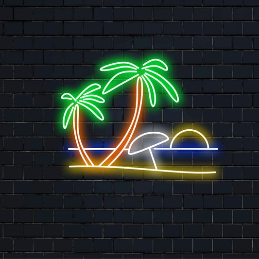 „Beach and Palm Trees Neon Sign” - O lumină de neon tropicală cu simbolurile unei plaje și palmieri, infuzând farmecul de coastă și relaxare în spațiul tău de locuit.