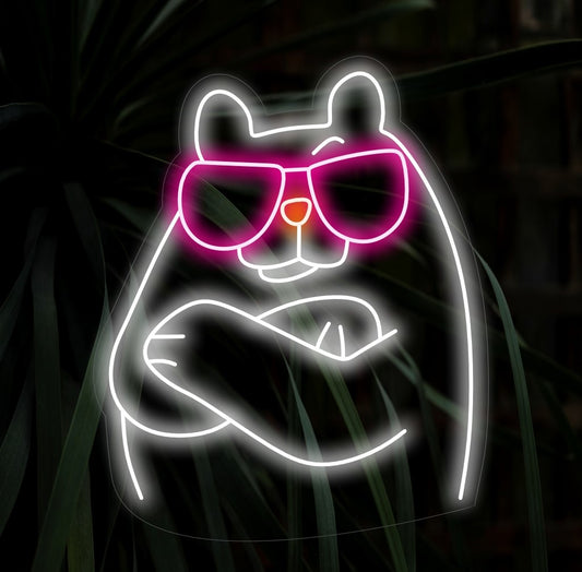 Bear With Glasses Neon Sign" showcases a whimsical and cute bear wearing glasses, adding a funky and optical touch to your animal-themed decor. A neon light featuring a charming bear with stylish eyewear.