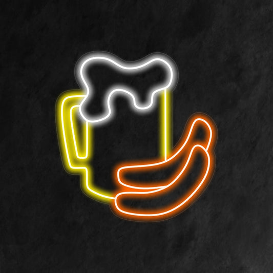"Beer and Sausage Neon Sign" - A lively neon light featuring the symbols of beer and sausage, infusing conviviality and a love for good times into your pub or beer garden.