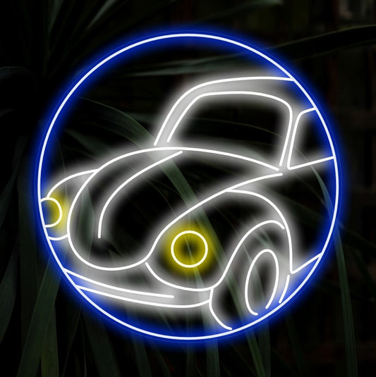 "Beetle Car Neon Sign" captures the essence of vintage auto decor with a charming representation of a Beetle car within a circular frame. Illuminate your space with retro vibes using this unique neon light.