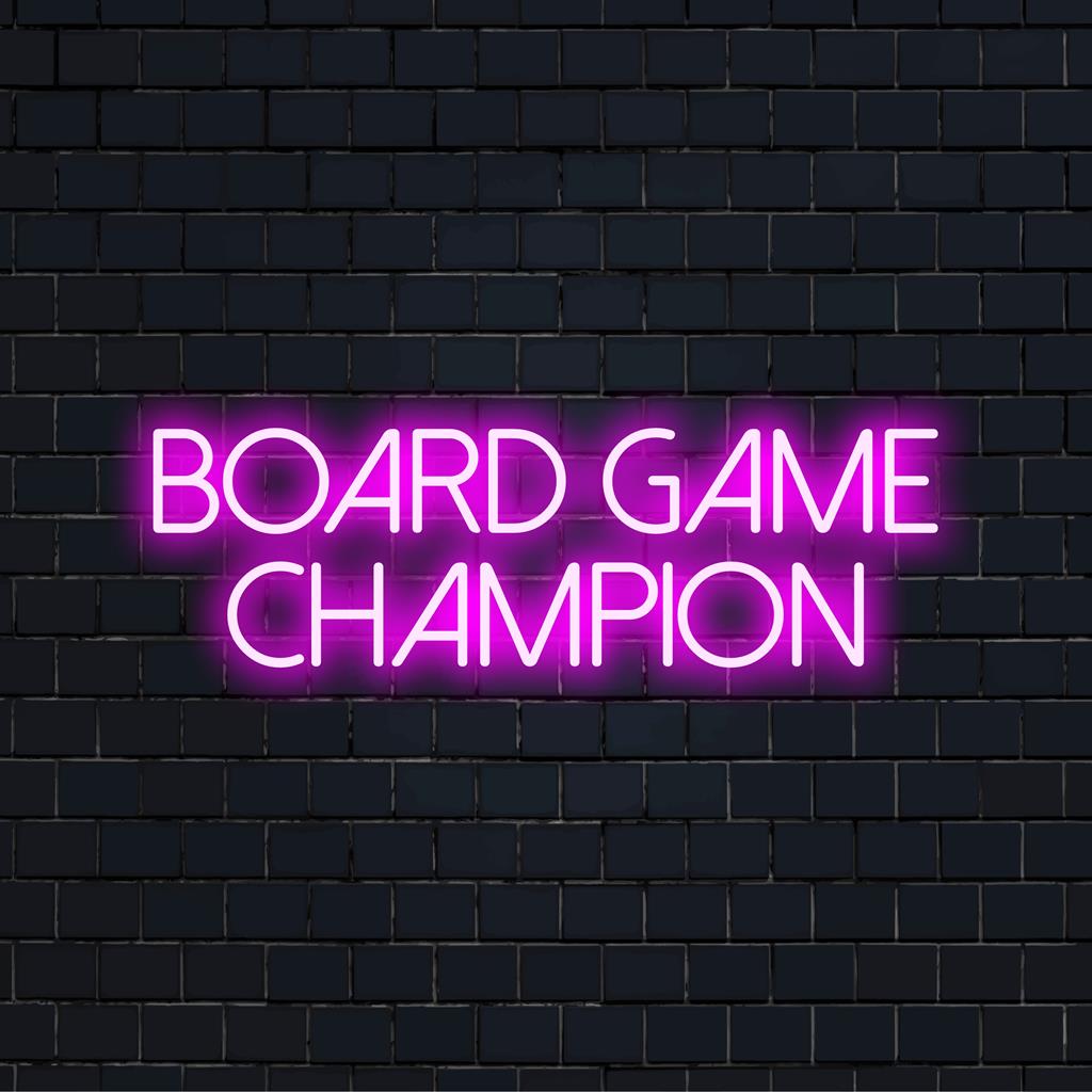 LED neon sign with Board Game Champion illuminated in vibrant colors; perfect custom decor for game enthusiasts.