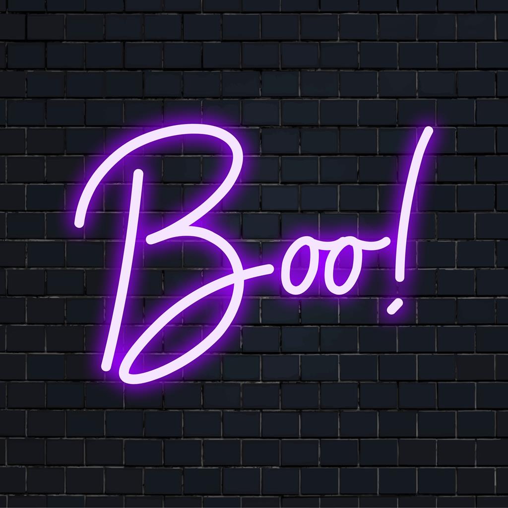 LED neon sign featuring Boo! text in bright hues, perfect for adding a playful and spooky touch to any space.