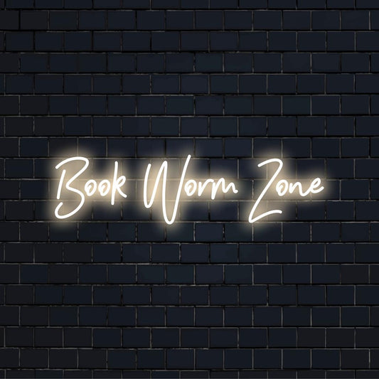 Custom LED neon sign featuring Book Worm Zone in playful typography, perfect for a cozy reading nook decor.
