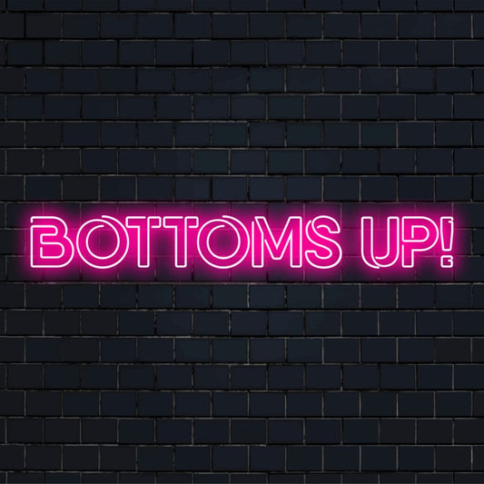 Vibrant Bottoms Up! neon sign, a playful and energetic LED feature perfect for bars or party spaces. Custom neon light decor.