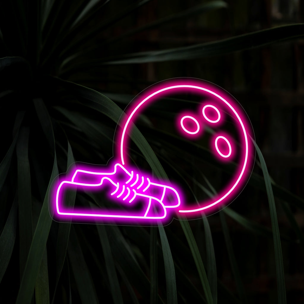 Custom-made LED neon sign featuring a vivid bowling ball and shoes; perfect for unique neon wall art and décor.