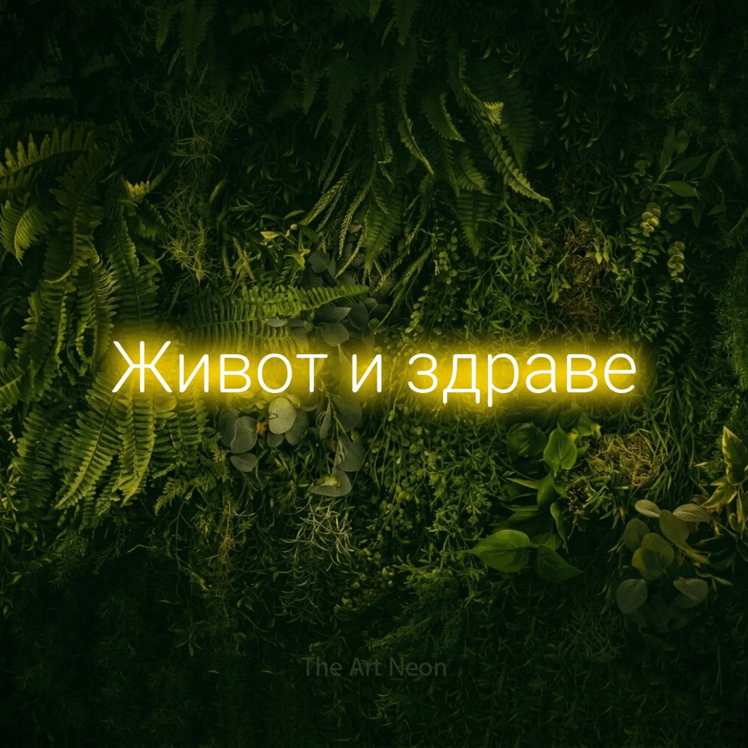 LED neon sign reading “Живот и здраве”, arranged in a single line.