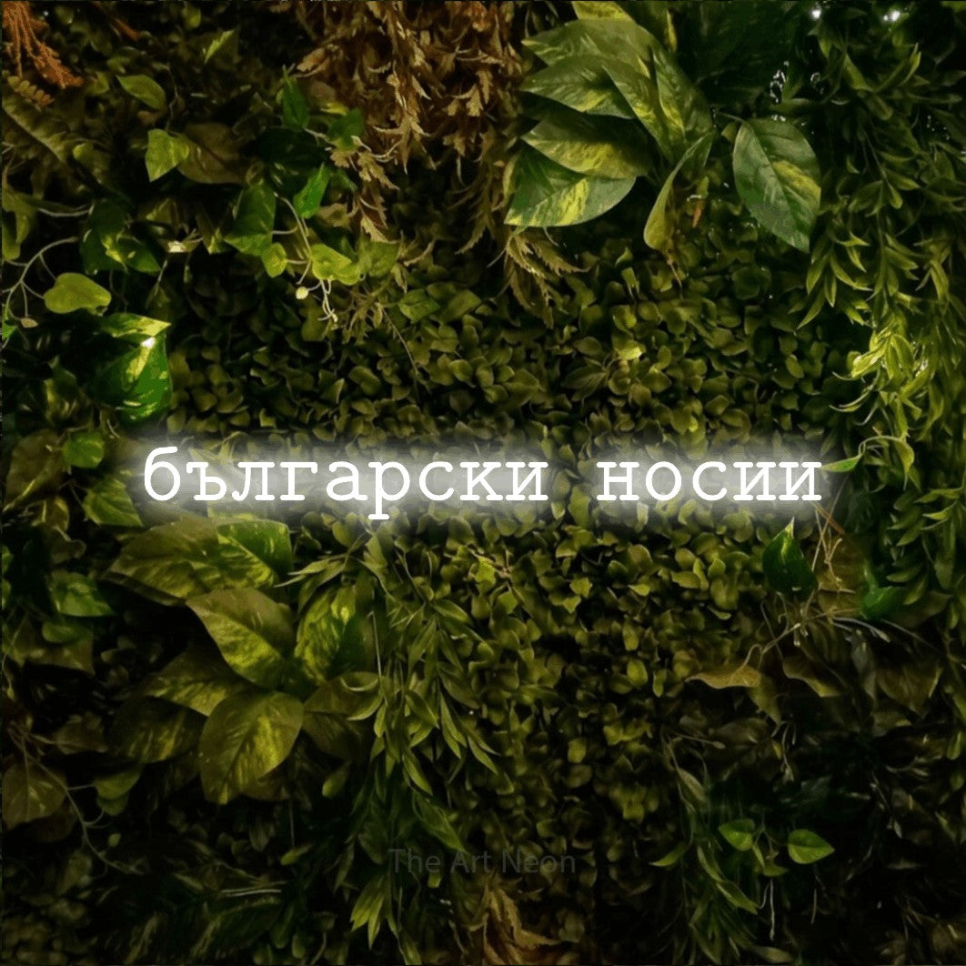 LED neon sign reading “български носии”, arranged in a single line.