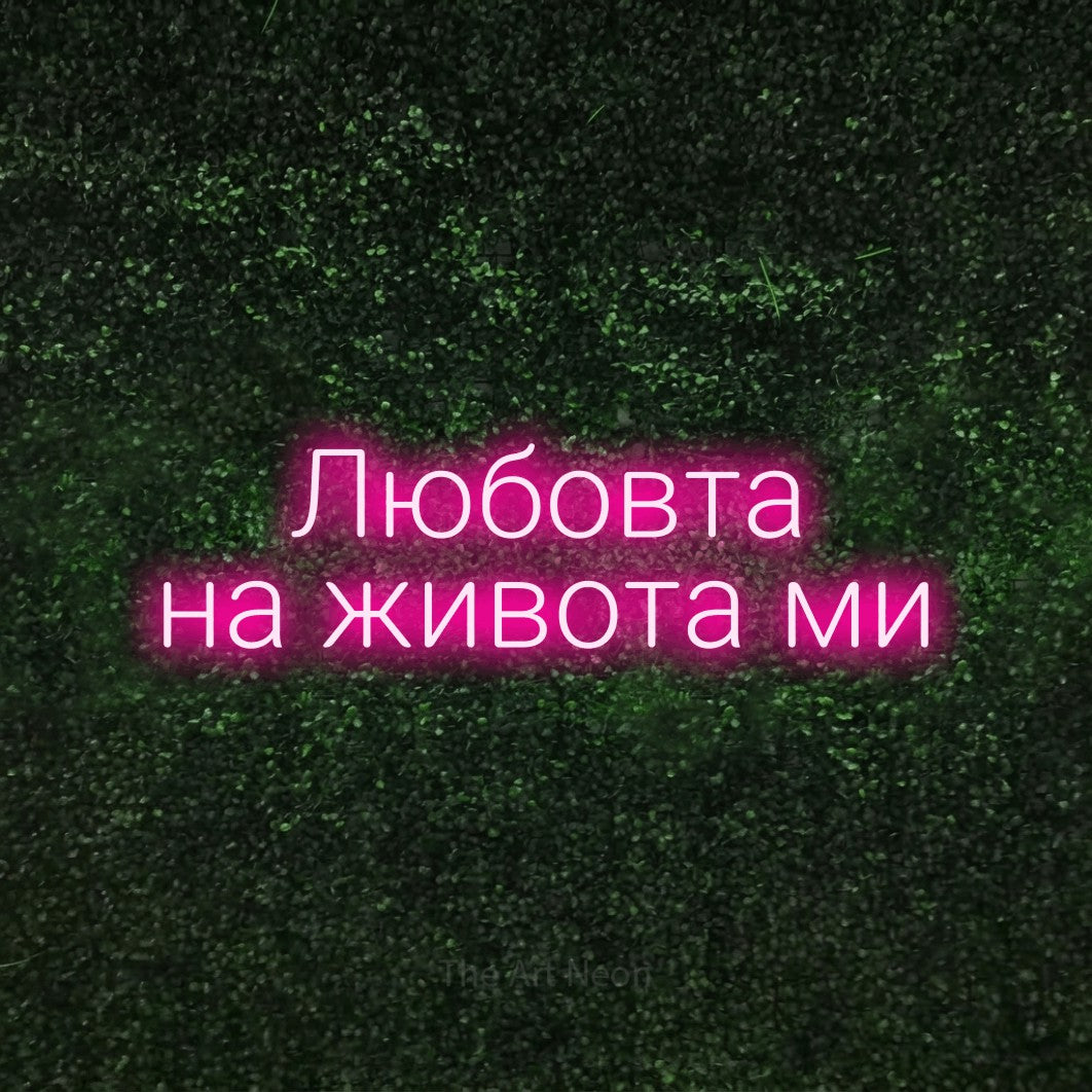 LED neon sign reading “Любовта на живота ми”, arranged in two lines.