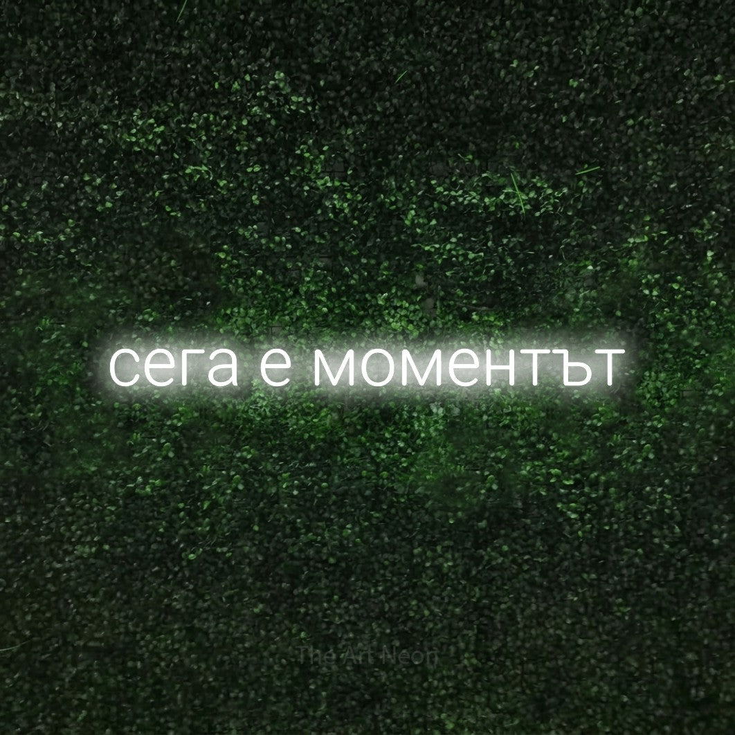 LED neon sign reading “сега е моментът”, arranged in a single line.