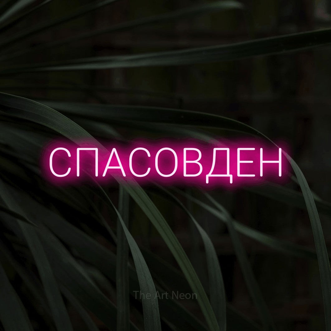 LED neon sign reading “СПАСОВДЕН”, arranged in a single line.