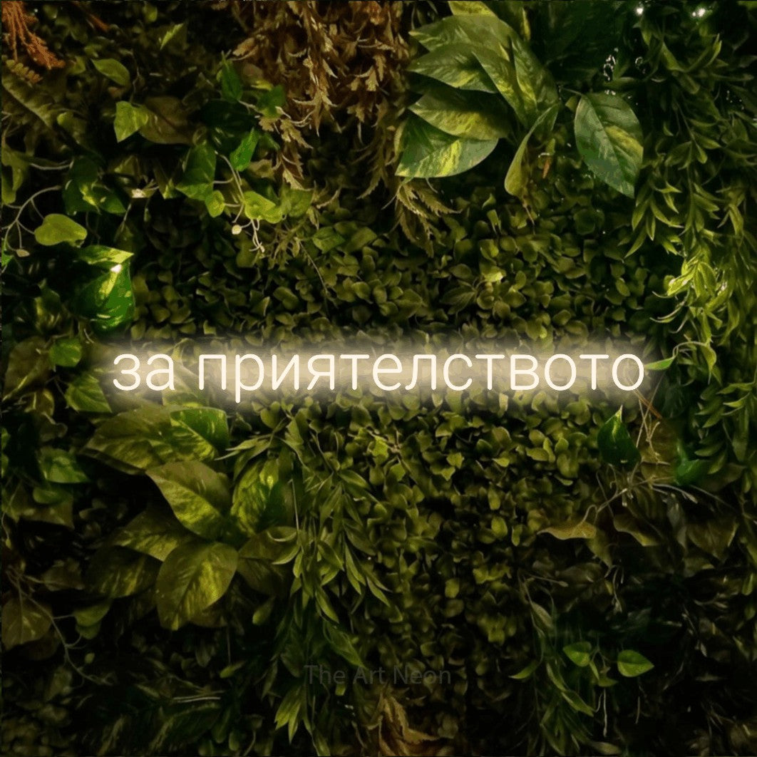 LED neon sign reading “за приятелството”, arranged in a single line.