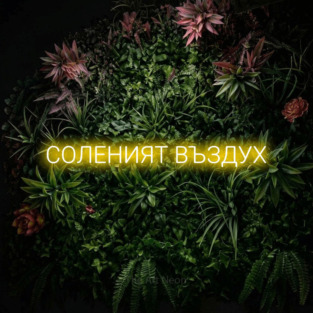 LED neon sign reading “СОЛЕНИЯТ ВЪЗДУХ”, arranged in a single line.
